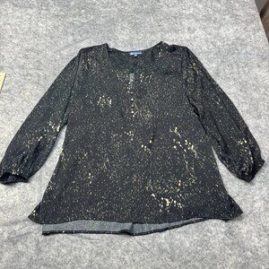 Democracy Top Womens Plus 2X Black Beige Satin Popover Button Blouse‎ Artsy